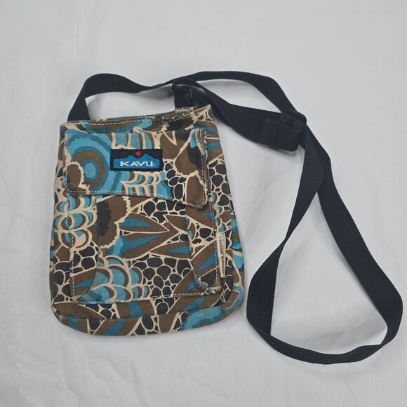 KAVU Limited Edition Crossbody Bag, Blue, Tan, Cream Print - Picture 2 of 7
